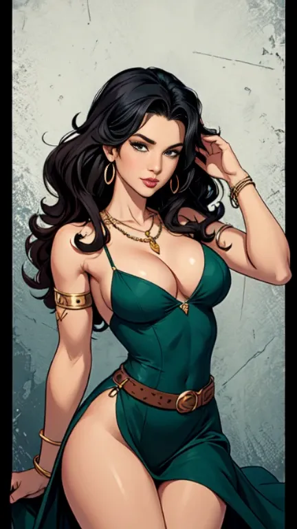 1woman 30year old, pin-up,solo, long hair, looking at viewer, long curly hair, cleavage, bare shoulders, green eyes, jewelry, medium breasts, earrings, slit soft dress, pantyhose,belt, necklace, bracelet, lips, armlet, ((dynamic angle)),