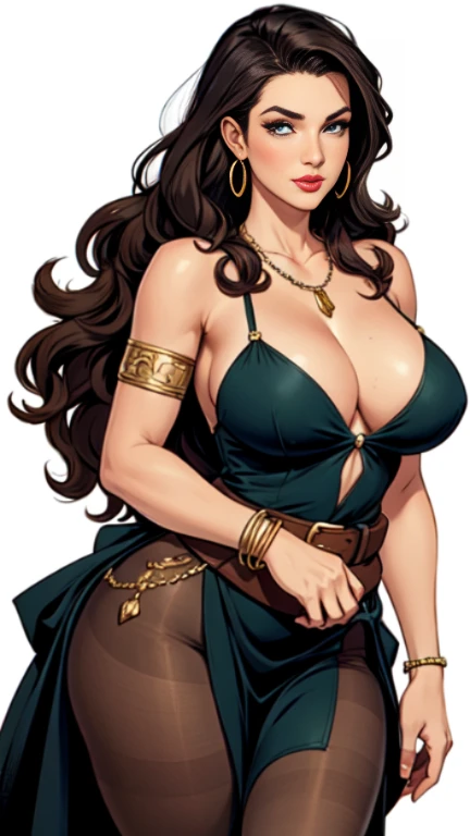 1woman 30year old, pin-up,solo, long hair, looking at viewer, long curly hair, cleavage, bare shoulders, green eyes, jewelry, medium breasts, earrings, slit soft dress, pantyhose,belt, necklace, bracelet, lips, armlet, ((dynamic angle)),