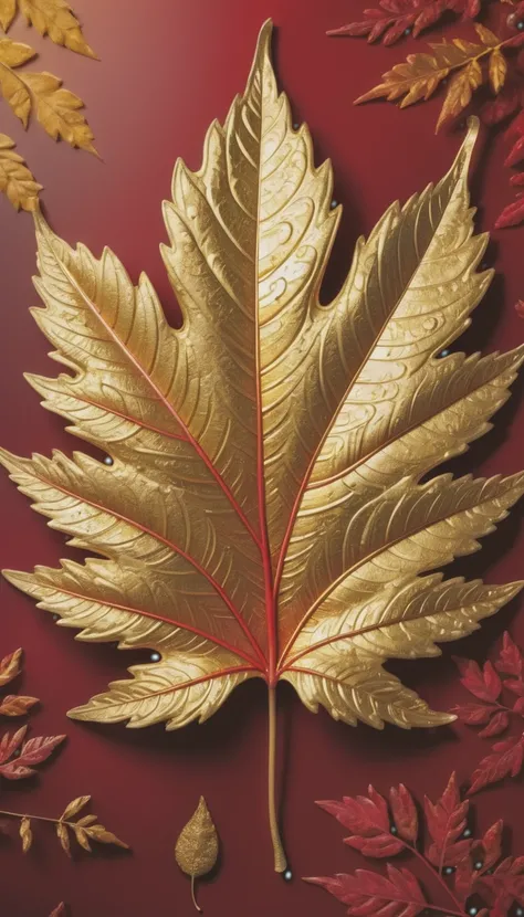 masterpiece, ultra detailed, macro photography, hdr, raytracing, [golden leaf:deadpool:0.8], leaf, leaf art, intricate golden leaf, extreme detailed, red background, depth