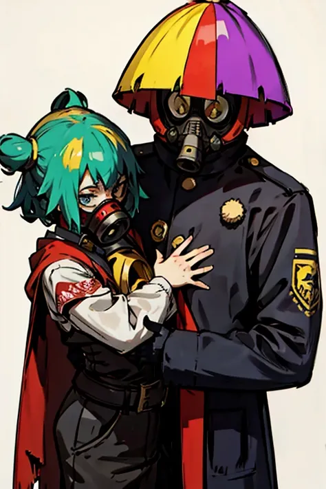 highest quality, High resolution,（A man wearing a full-face clown-like gas mask）、uniform、Psychedelic colors 、Helmet

