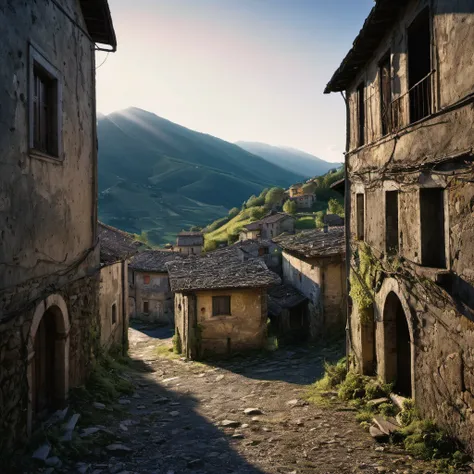 looking through  a very old abandoned italian mountainous village,  paint chipping away, photography, extremely detailed photo, crepuscular lighting, fujifilm provia 400x, massurrealism, luminous shadows, renaissance-inspired chiaroscuro, HDRI