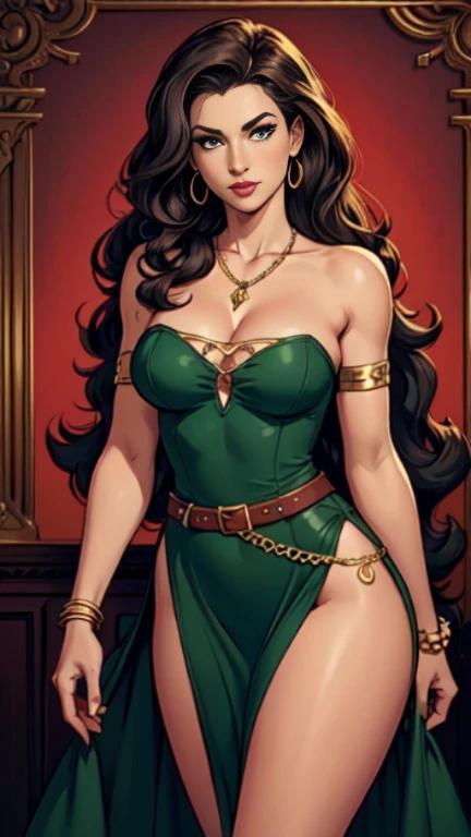 1woman 30year old, pin-up,solo, long hair, looking at viewer, long curly hair, cleavage, bare shoulders, green eyes, jewelry, medium breasts, earrings, slit soft dress, pantyhose,belt, necklace, bracelet, lips, armlet