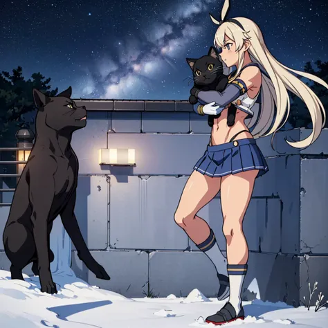 1 girl, shimakaze(kancolle), hyper detailed, perfect anatomy, best quality, extremely delicate, extremely detailed, cool, muscle, muscular abs, six pads, blue skirt, microskirt, pleated skirt, hugging a black cat, night sky, stars, milkyway, snow, outdoor,