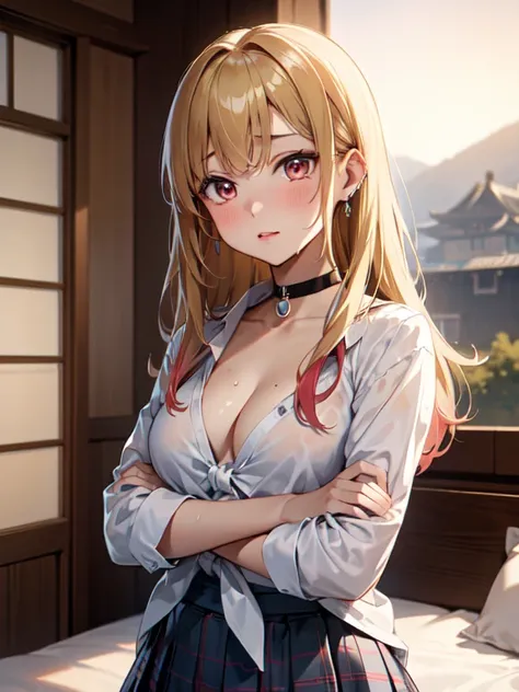 master piece,best quality,ultra detailed,8k, ambient light,realistic skin,glossy skin, 
（kitagawa marin, 1girl, blonde hair, long hair, multicolored hair, red eyes, jewelry, earrings, piercing, , white shirt, tied shirt, black choker, plaid skirt）、（sailor ...