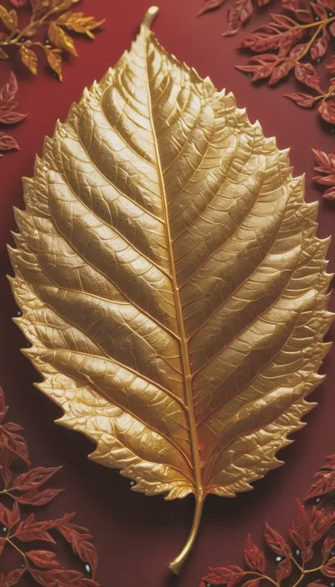 masterpiece, ultra detailed, macro photography, hdr, raytracing, [golden leaf:deadpool:0.5], leaf, leaf art, intricate golden leaf, extreme detailed, red background, depth