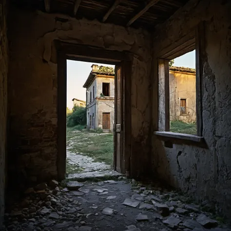 looking through  a very old abandoned italian  village,  paint chipping away, photography, extremely detailed photo, crepuscular lighting, fujifilm provia 400x, massurrealism, luminous shadows, renaissance-inspired chiaroscuro, HDRI