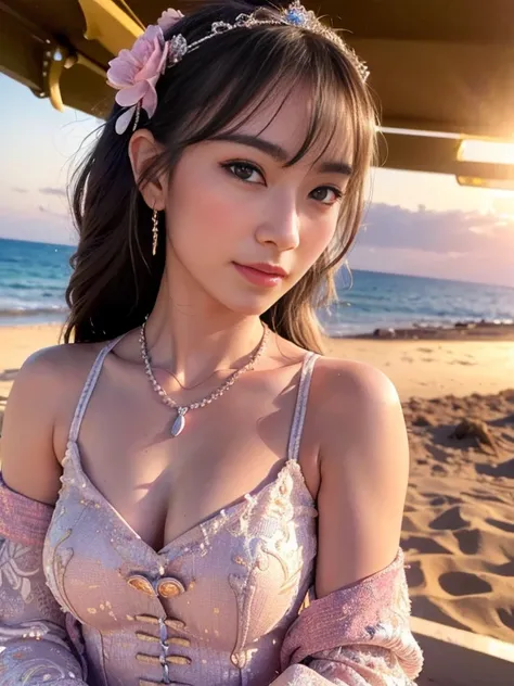 (best quality:1.1) ,(photorealistic:1.1), (photography:1.1), (highly detailed:1.1), looking at viewer,armlet, Jade bracelet, eyelashes, happy, small breasts,beautiful detailed girl, (extremely detailed eyes and face), (lighting on face),necklace,Colorful c...