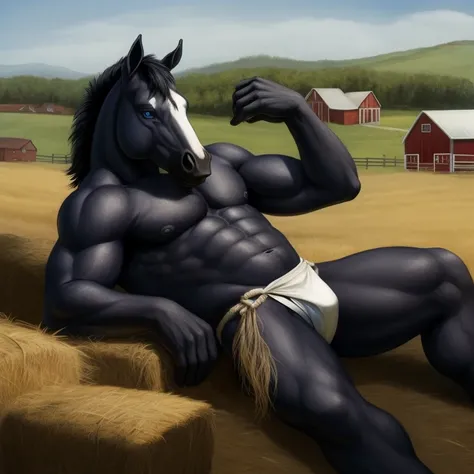 Furry, Antro, Horse Black dark, Fundoshi bulto, Fundoshi White, Solo, Bulto Male, Hooves ,Detallado, cuerpo completo, cuerpo furry, lying, Blue eyes, Farm, campo de mazorcas, Gold Eyes