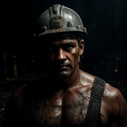 (Best quality, Ultra-detailed, Gritty textures: 1.1), Dramatic low-key lighting: 0.8, Intense gaze: 1.2, Smoldering coal miner, Dirty, Sexy, Muscular, Aged: 35, Black hair with vermelho and dourado highlights, Piercing eyes, Sweat-drenched face, Rough, wea...