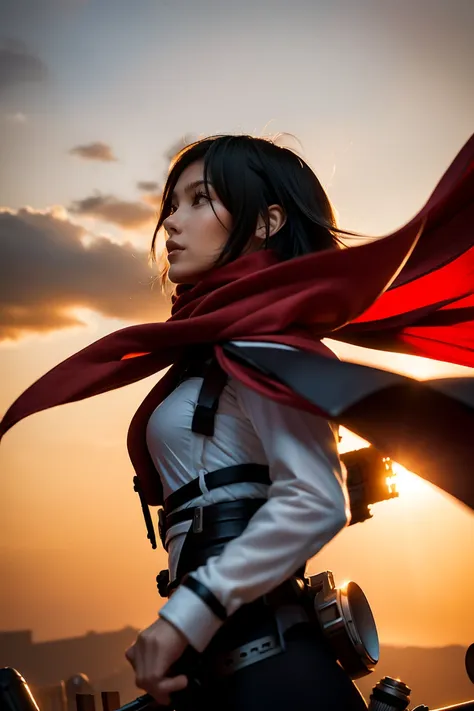 mikasa ackerman, Female action anime girl, badass posture, big smile, happy face, attack on titans, Female protagonist 👀 :8, rogue anime girl, anime figure, (Attack on Titan anime), trigger anime artstyle，1girl， dynamic angle， splashart, Complete shot of t...