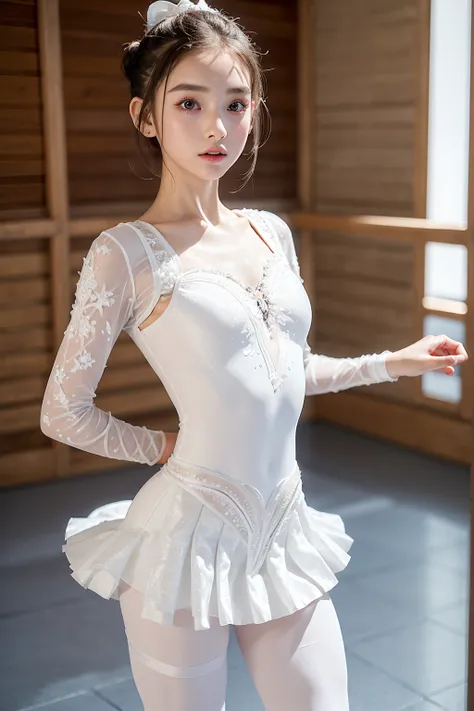 1 beautiful 10yo woman,(hyper detailed:1.5), masterpiece, photorealistic, realistic skin, full body,(white ballerina uniform:1.4...