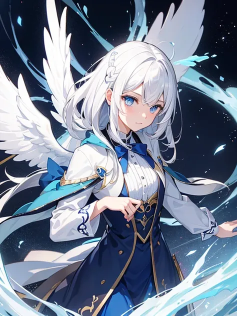 white hair character Unique dark blue eyes. Dressed like an angel has light blue wings Elegant clothes for ladies and gentlemen. The surrounding atmosphere is like floating in the sky.