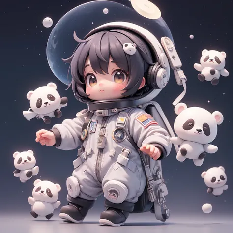 matte blind box，cute panda，astronaut suits，simple starry sky，small planet flying saucer