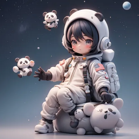 matte blind box，cute panda，astronaut suits，simple starry sky，small planet flying saucer