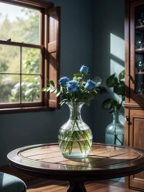 Photorealistic image of a ((glass vase with water and some beautiful blue roses)). The vase rests on a wooden table, in the living room of a house with large windows, masterpiece, ultra-realistic, high details, high quality, 8k