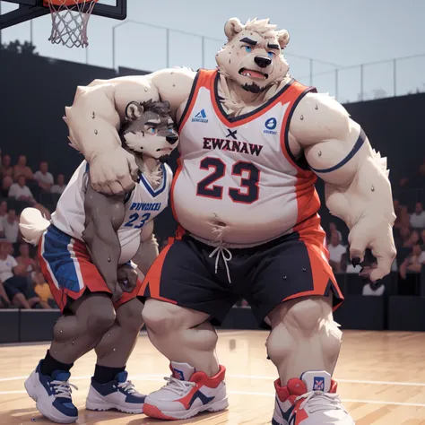 New Jersey 5 Hairy,polar bear，Full body portrait of an individual,exquisite， chubby，Fat，thick arms，Rugged muscles，Naked from the waist down，White plush fur，chubby脸，black eyebrows，sky blue eyes，beard，basketball jersey，Soaked shorts，sneakers，sweating，basketb...