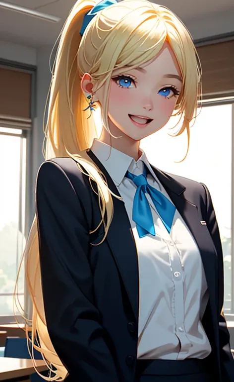 (realistic:1.4、​masterpiece、top-quality、8k size wallpaper、offcial art)、(character focus、,upper body:1.6)、(1girl),(light smile,Open mouth:1.3),(half closed eyes),cute face,blue eyes、(arms behind back:1.3)、
,(stand),(Shining smile),
,(slender),(school unifor...