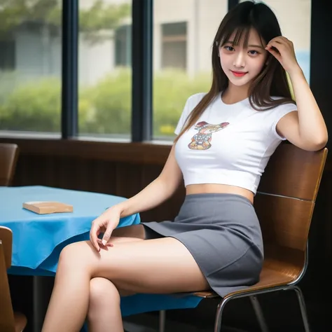 Female student,
Short gray skirt, tight white crop top t-shirt, sexy, snake wrapped around her thigh, pitch black cat on her lap, spider on the table, owl in the open classroom window, night.