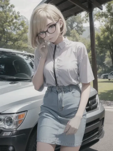 High resolution、Perfect skeleton、perfect fingers、perfect face、20 year old female、shiny hair quality、beautiful blonde、bob hair、Glasses、Glasses美人、camp、outdoor、chill time、camp女子、outdoor、SUV、car、4wd、awd