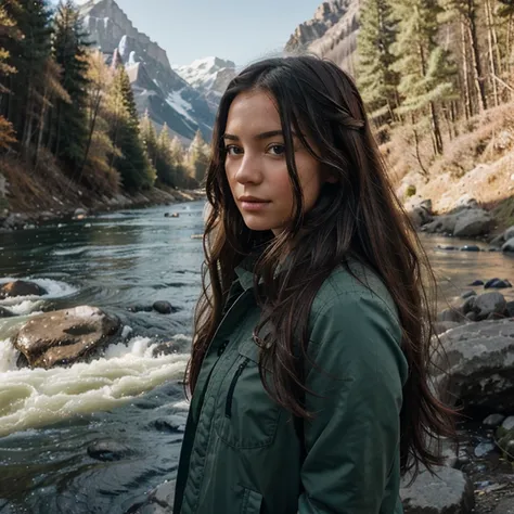 girl with flowing hair against the backdrop of a mountain river