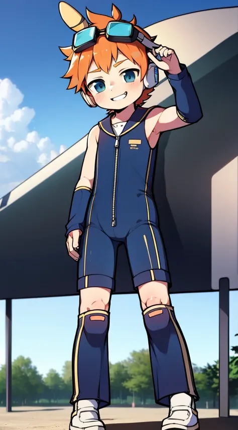 2D Boy Shota，One-piece mountaineering suit，Slim, healthy body，Put the headphones on your head，stand up，goggles，Rabbit ears，happy，Sailor collar，tie，zipper