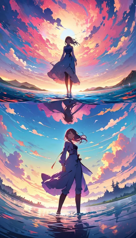 official art, Integrated 8k wallpapers, Super detailed,  masterpiece, best image quality，ultra wide angle，evening，woman，Standing in the pond，water is like a mirror，Reflecting the sky。look up at the sky，Colorful Sunset，dynamic angle, grace, bright colors,