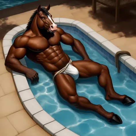 Furry, Antro, Horse Brown dark, Fundoshi bulto, Fundoshi White, Solo, Bulto Male Big, scrotum, Hooves ,Detallado, cuerpo completo, cuerpo furry, lying, Piscina, Gold Eyes