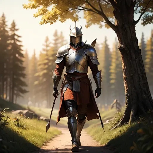 Adventurer in armor strolling through a sun-kissed glade, a vivid and lifelike 4K image.