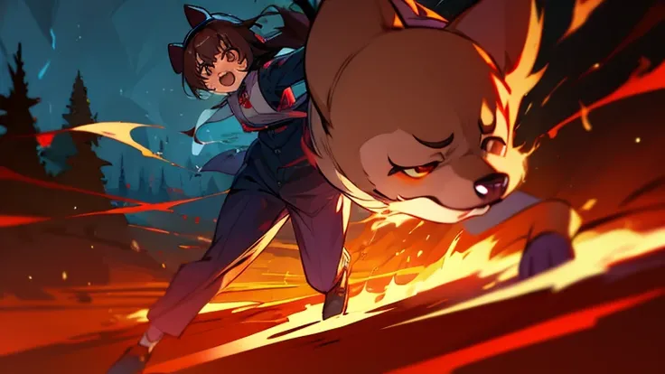 (highest quality), 1 girl, :d, head tilt, inugami korone, brown hair, dog ears,((dark forest)),((Horror Live)),(She is holding a flashlight),((She has a terrified look on her face:1.0)),(She&#39;s on the run from a killer:1.5),((full body:1.5)),