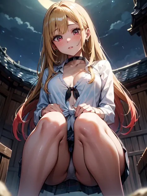 master piece,best quality,ultra detailed,8k, ambient light,realistic skin,glossy skin, （kitagawa marin, 1girl, blonde hair, long hair, multicolored hair, red eyes, jewelry, earrings, piercing, , white shirt, tied shirt, black choker, plaid skirt）、（sitting、...