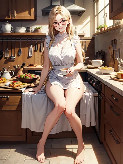 High resolution、Perfect skeleton、perfect fingers、perfect face、20 year old female、one woman、shiny hair quality、beautiful blonde、super long hair、Glasses、Glasses美人、breakfast、cooking、kitchen、apron、smile、beautiful feet、beautiful thighs