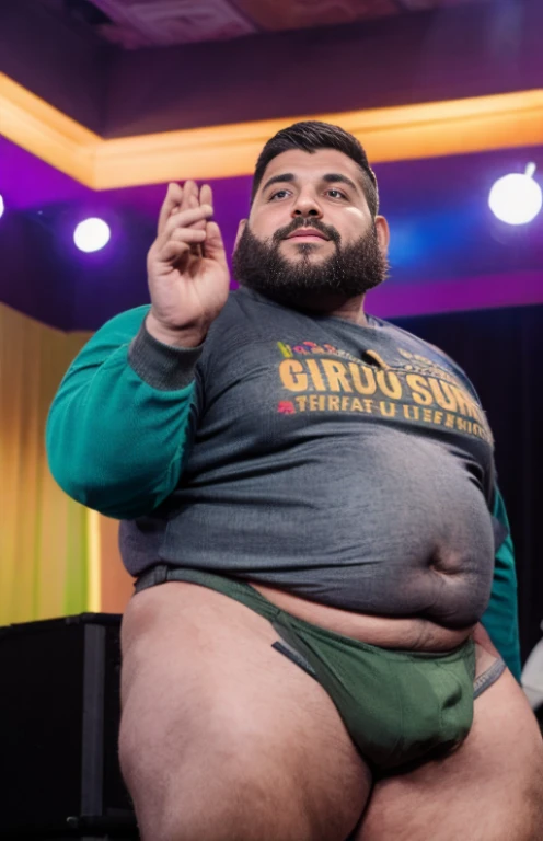 Just plump, chubby, extremely thick thighs, large belly, obra de arte,maximum quality,day comerciant,gordo,gordo guy,Uma moreno,breve lenda,barba,oculos de sol,Eu tenho uma barriga grande exposta,The face is big,Posture of speaker gesturing with hands to t...