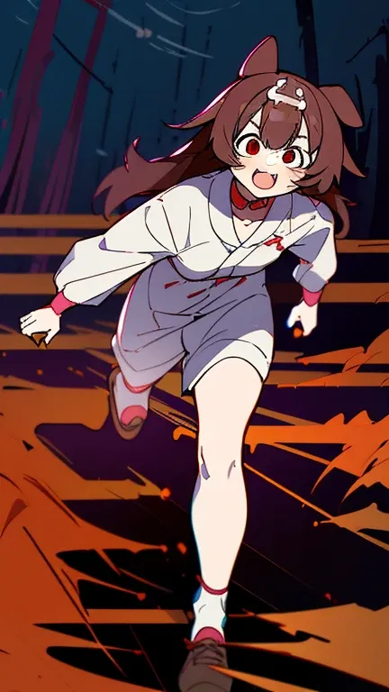 (highest quality), 1 girl, :d, head tilt, inugami korone, brown hair, dog ears,((dark forest)),((Horror Live)),((She has a terrified look on her face)),(She&#39;s on the run from a killer:1.7),(((full body:1.3))),Inugami Korone | Hololive,