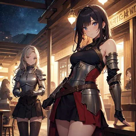 A group of  female medieval fantasy adventurers, (in tavern), various hair styles, harem, night, details face, short skirt, seducing, sleeveless, armor 