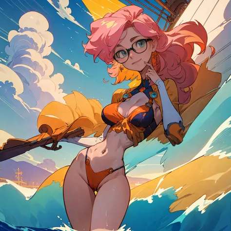 (masterpiece, best quality:1.2), cowboy shot, (solo), (1girl):1.5, glasses, long fluffy pink hair, hair blowing, gorgeous, slight smile, (elegant swimswit), navel exposed, large breasts, breasts niples, cameltoe, on a ship at windy sea.