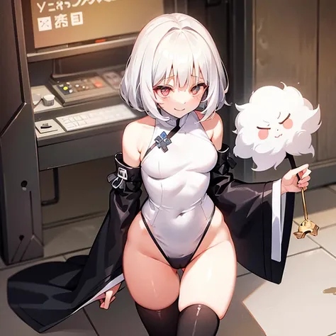 A woman, short fluffy white hair, black cute eyes, nervous smile, top with no bottom