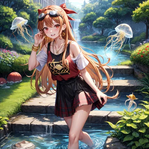 Brown, red, gold, golden hair、red eyes、one good looking girl、solo、anime、plaid mini skirt、black camisole、black t-shirt、hoodie、wearing a ribbon、ribbon at waist、Crystal Earrings、treasure石のネックレス、Light and shadow、Tilting face、teeth are visible、pillar、kind face、...