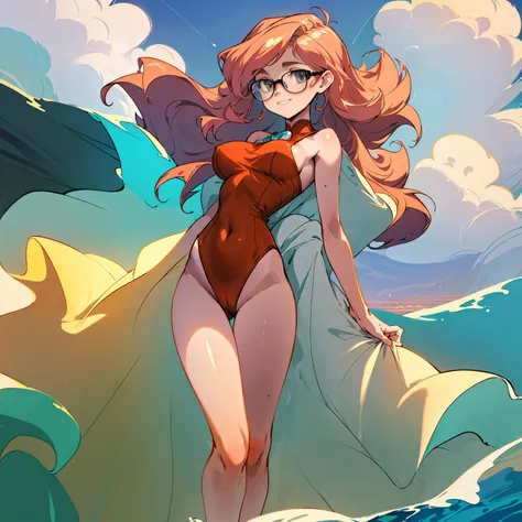 (masterpiece, best quality:1.2), cowboy shot, (solo), (1girl):1.5, glasses, long fluffy pink hair, hair blowing, gorgeous, slight smile, (elegant swimswit), navel exposed, large breasts, breasts niples, cameltoe, on a ship at windy sea.