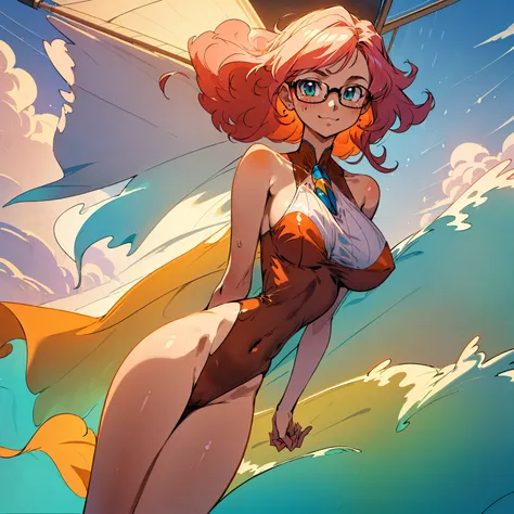 (masterpiece, best quality:1.2), cowboy shot, (solo), (1girl):1.5, glasses, long fluffy pink hair, hair blowing, gorgeous, slight smile, (elegant swimswit), navel exposed, large breasts, breasts niples, cameltoe, on a ship at windy sea.