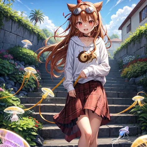 Brown, red, gold, golden hair、red eyes、one good looking girl、solo、anime、plaid mini skirt、black camisole、black t-shirt、hoodie、wearing a ribbon、ribbon at waist、Crystal Earrings、treasure石のネックレス、Light and shadow、Tilting face、teeth are visible、pillar、kind face、...