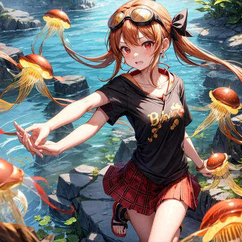 Brown, red, gold, golden hair、red eyes、one good looking girl、solo、anime、plaid mini skirt、black camisole、black t-shirt、hoodie、wearing a ribbon、ribbon at waist、Crystal Earrings、treasure石のネックレス、Light and shadow、Tilting face、teeth are visible、pillar、kind face、...