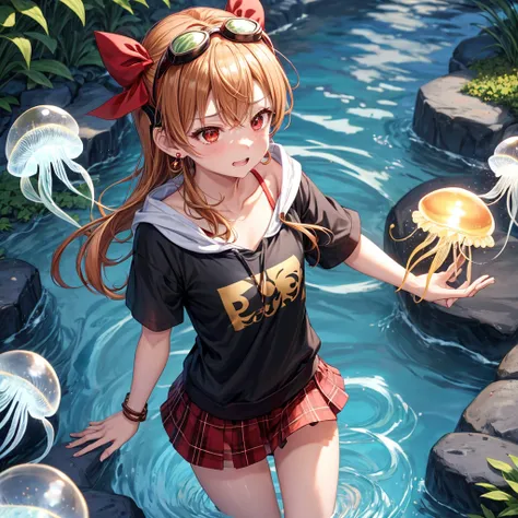 Brown, red, gold, golden hair、red eyes、one good looking girl、solo、anime、plaid mini skirt、black camisole、black t-shirt、hoodie、wearing a ribbon、ribbon at waist、Crystal Earrings、treasure石のネックレス、Light and shadow、Tilting face、teeth are visible、pillar、kind face、...