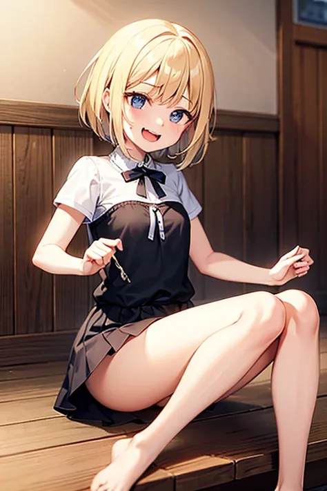 ！！、young！！、one person！、４old girl、short hair、blonde、With bangs、small、laughing、Big eyes、barefoot、short sleeve、black eye、cute、legs open、with ribbon、skirt、small breasts、身長のsmall、short legs、Naughty！