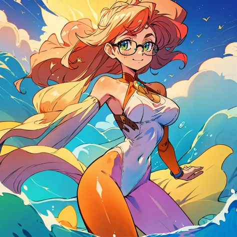 (masterpiece, best quality:1.2), cowboy shot, (solo), (1girl):1.5, glasses, long fluffy pink hair, hair blowing, gorgeous, slight smile, (elegant swimswit), navel exposed, large breasts, breasts niples, cameltoe, on a ship at windy sea.