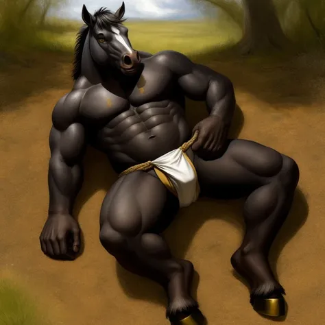 Furry, Antro, Horse Yelow dark, Fundoshi bulto, Fundoshi White, Solo, Bulto Male Big, Hooves ,Detallado, cuerpo completo, cuerpo furry, lying, Pradera, Gold Eyes