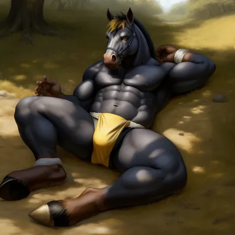 Furry, Antro, Horse Yelow dark, Fundoshi bulto, Fundoshi White, Solo, Bulto Male Big, Hooves ,Detallado, cuerpo completo, cuerpo furry, lying, Pradera, Gold Eyes