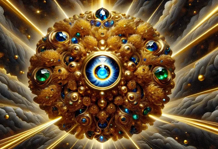 gold leaf art sculptural fractality combining voluminous flowers , bright unusual eyes, going into the infinity of singularity, ...