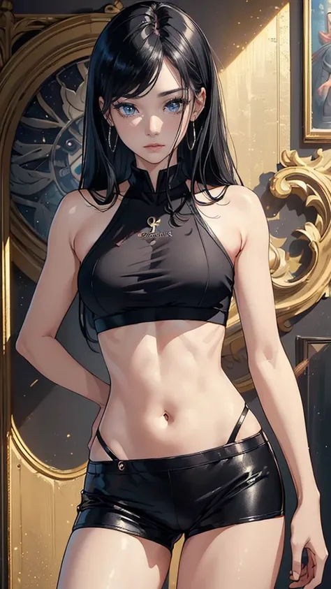 ((highest quality, 8K, masterpiece: 1.3)), full body, focus clear: 1.2, outstanding style: 1.4, thin abs: 1.2, ((black hair, big: 1.2)), black tank top, Highly detailed face and skin texture, fine eyes, double eyelid