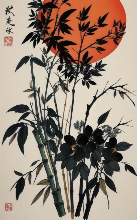 shukezouma, shuimobysim, ((starling)), willow branches, (masterpiece, best quality: 1.2), ((Traditional Chinese ink painting)), model style, bamboo branches, bamboo, wuchangshuo, red, orange, black, fire, starling, bird
