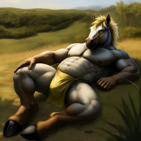 Furry, Antro, [Horse Yelow] , [Fundoshi bulto Big], Fundoshi White, Solo, Bulto Male Big, Hooves , Detallado, cuerpo completo, cuerpo furry, lying, Pradera verde, Gold Eyes